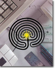 Seven circuit labyrinth with computer and mouse in background